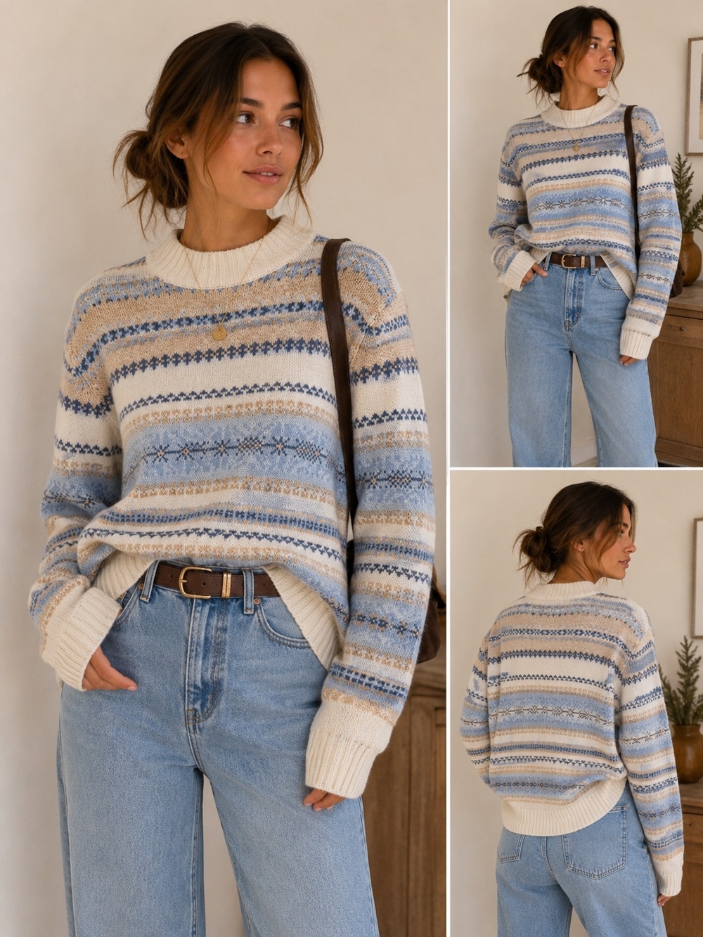 Asics Cream, Light Blue & Tan Fair Isle Crewneck Sweater